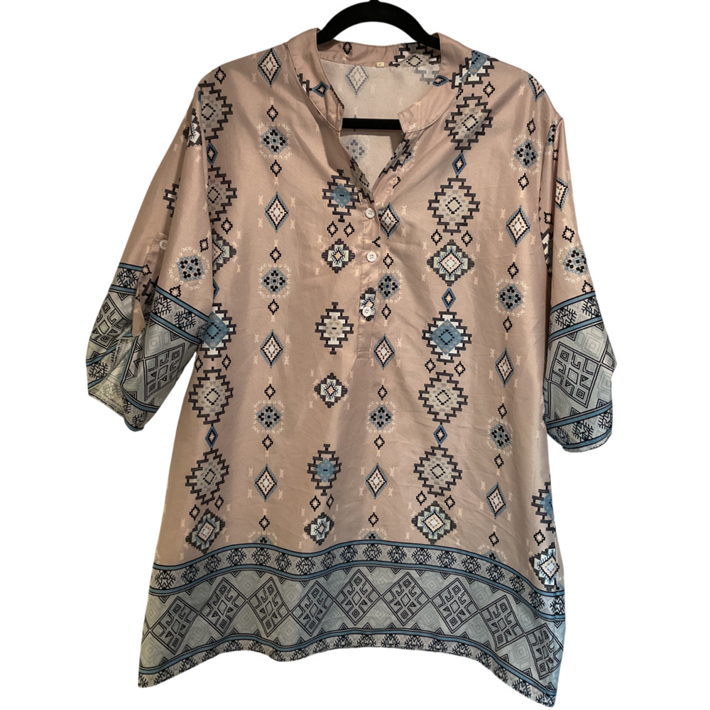 Vintage Women’s Silky Tunic Blouse Sz L XL Soft Peach w/Blue Southwest Print